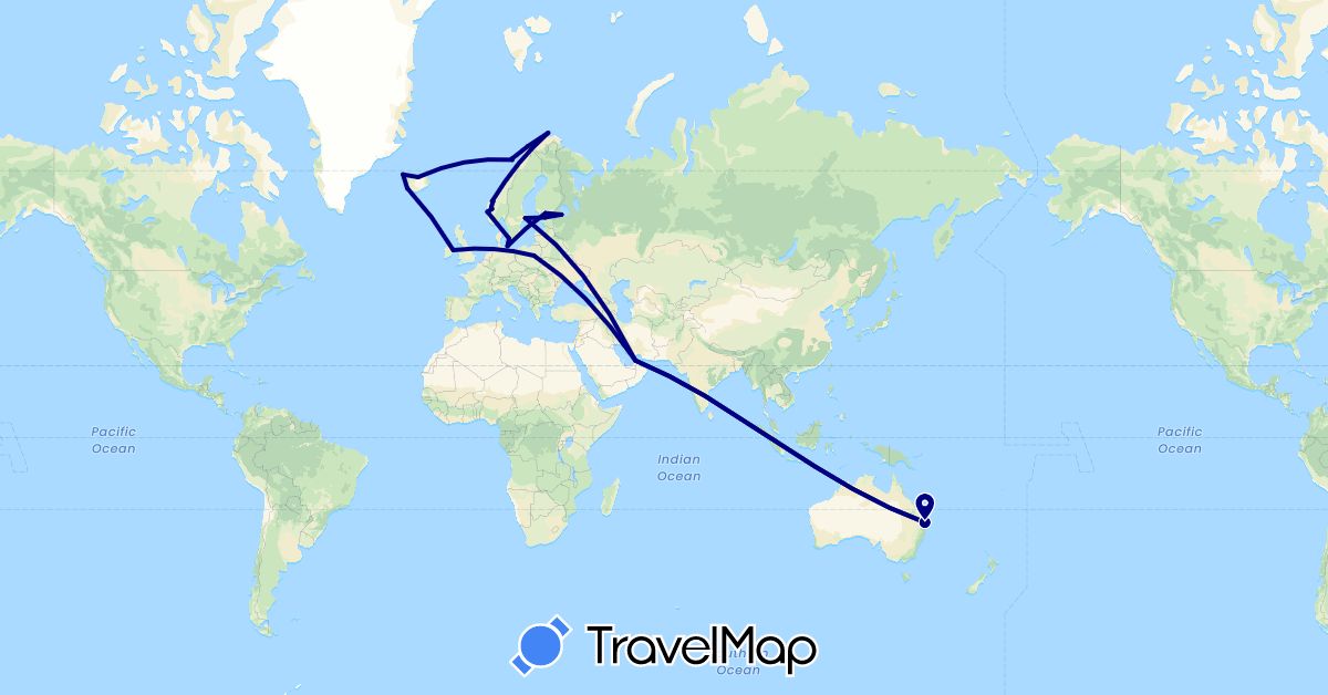 TravelMap itinerary: driving in United Arab Emirates, Australia, Germany, Denmark, Estonia, Finland, Ireland, Iceland, Norway, Poland, Russia, Sweden (Asia, Europe, Oceania)